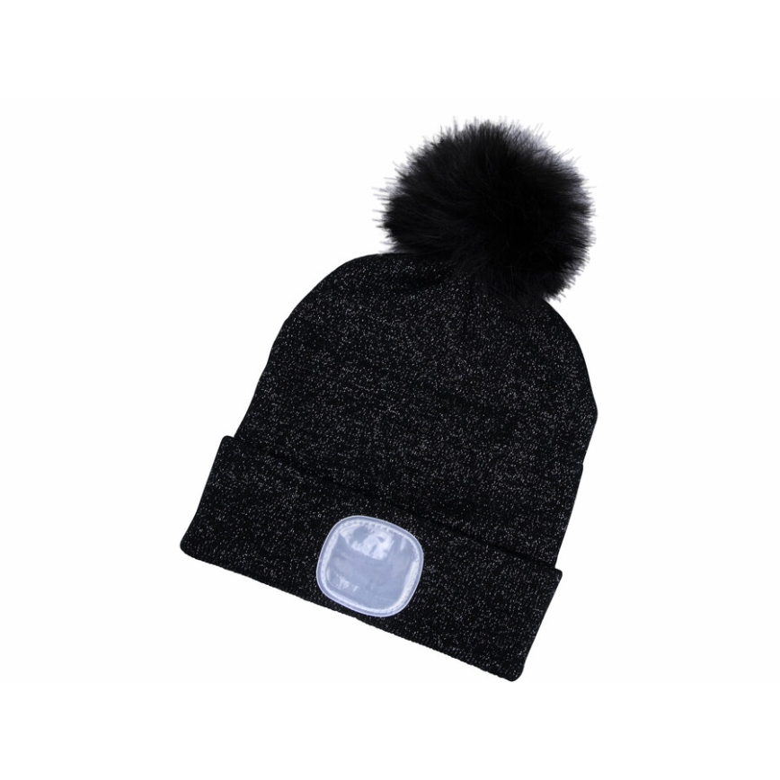 Extol - Gorra con linterna frontal, carga USB 300 mAh negro con pompón talla ÚNICA