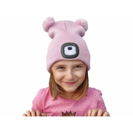Extol - Gorra con linterna frontal y carga USB 250 mAh rosa con pompón talla infantil
