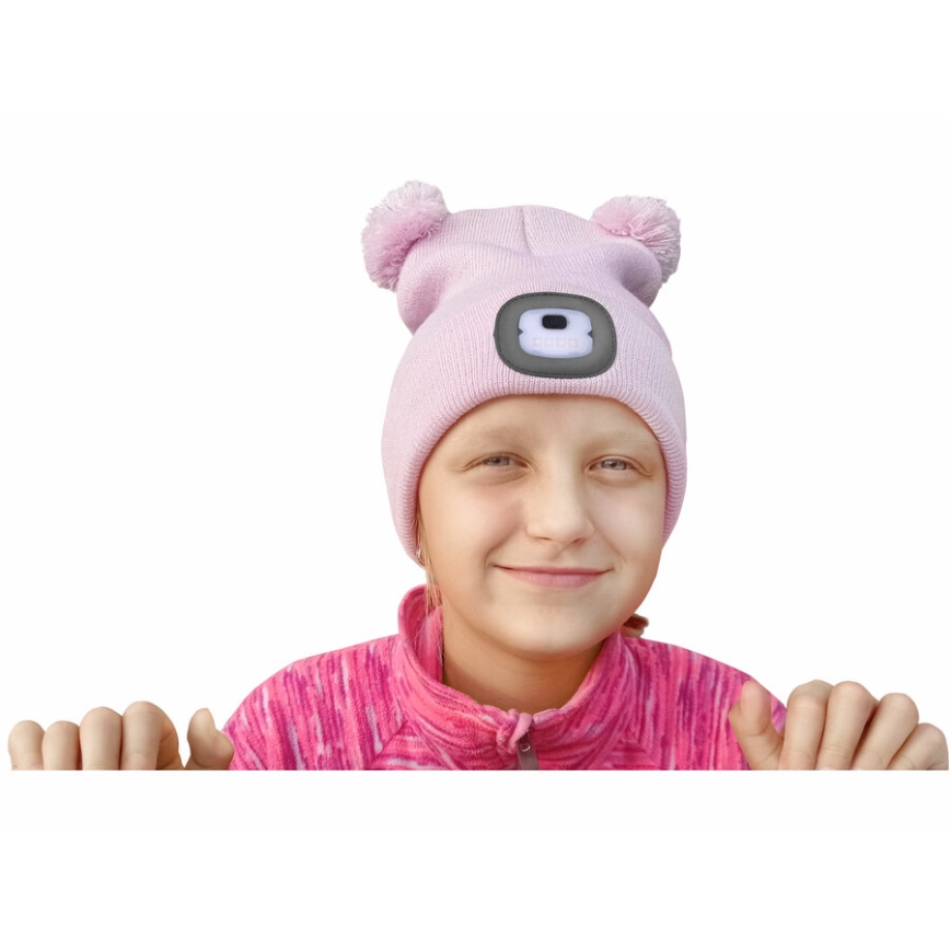 Extol - Gorra con linterna frontal y carga USB 250 mAh rosa con pompón talla infantil