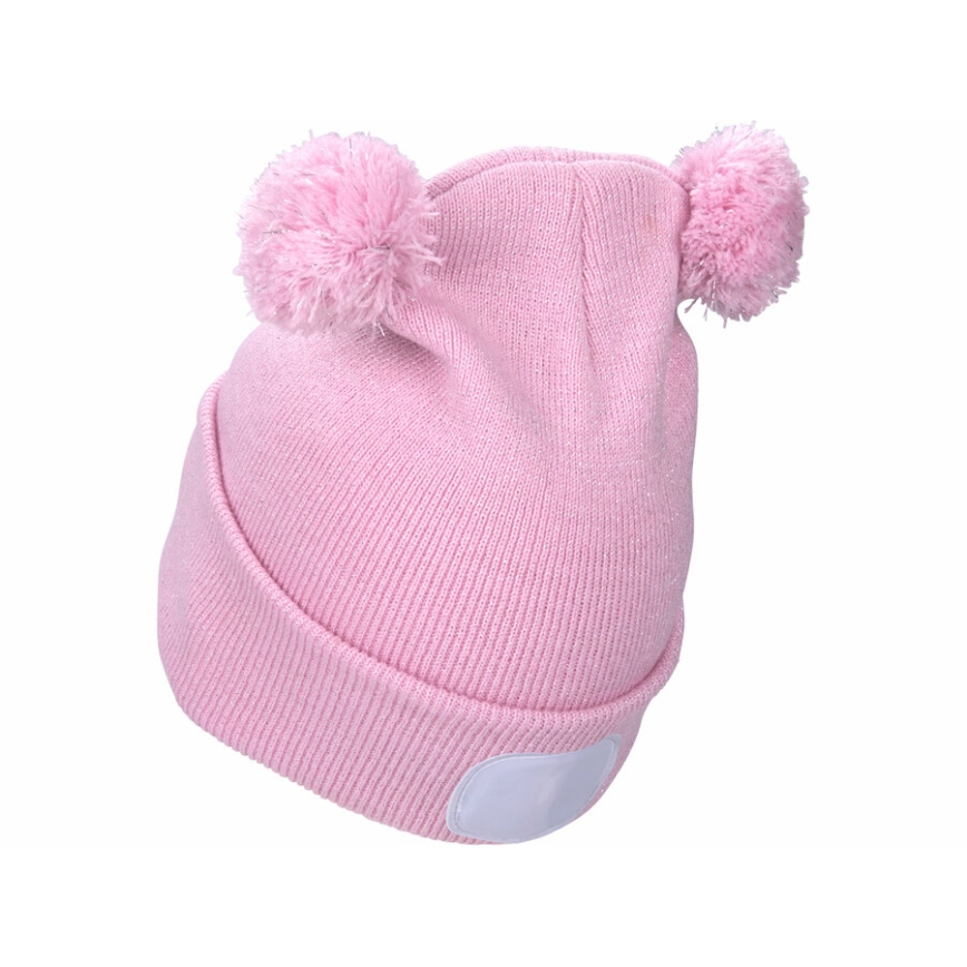 Extol - Gorra con linterna frontal y carga USB 250 mAh rosa con pompón talla infantil