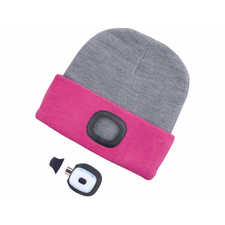 Extol - Gorro con linterna frontal recargable por USB, 300 mAh, gris/rosa, talla única