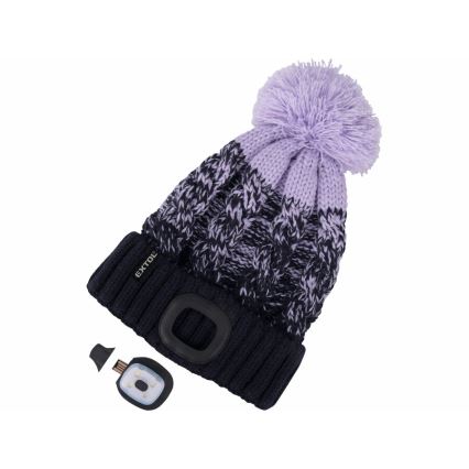 Extol - Gorro con linterna frontal y batería recargable de 300 mAh por USB, azul/morado con pompón, talla única (UNI)