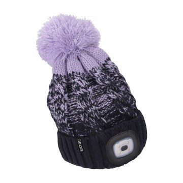 Extol - Gorro con linterna frontal y batería recargable de 300 mAh por USB, azul/morado con pompón, talla única (UNI)