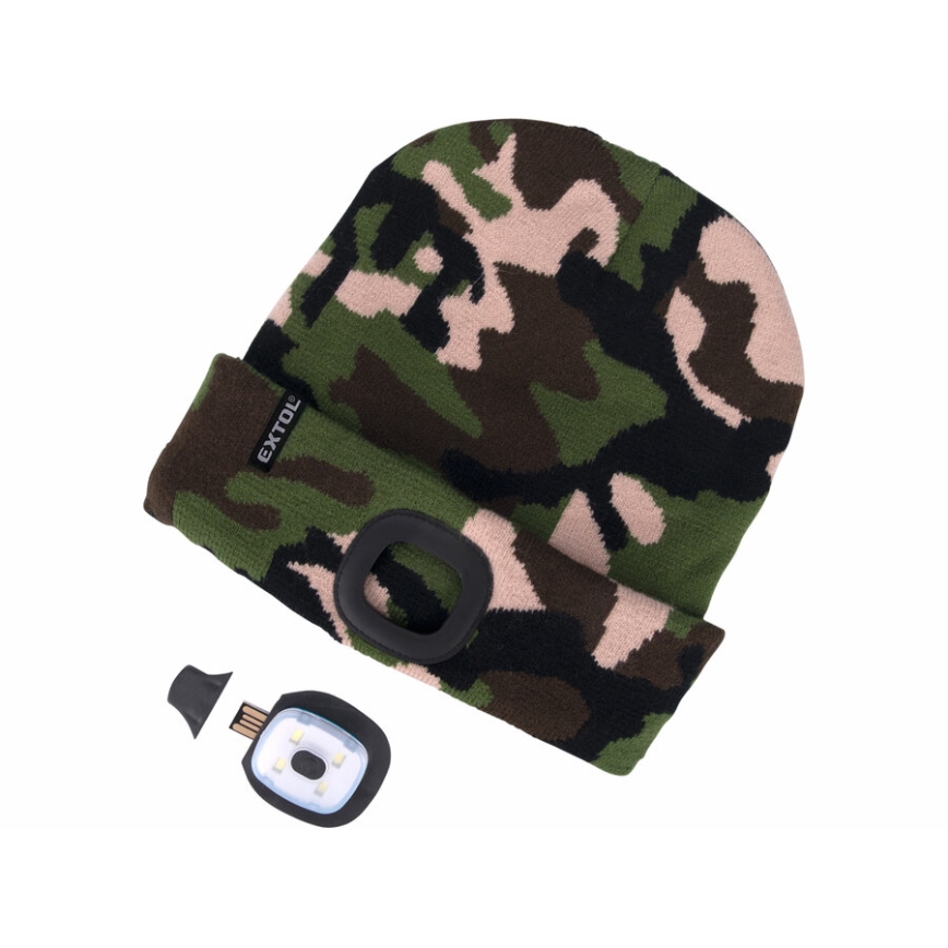 Extol - Gorro con luz frontal integrada recargable por USB (300 mAh), camuflaje, talla única