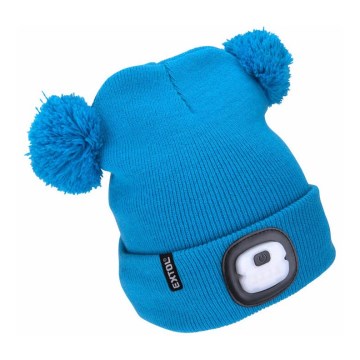 Extol - Gorro con luz frontal y carga por USB, batería recargable de 250 mAh, azul con pompones, talla infantil