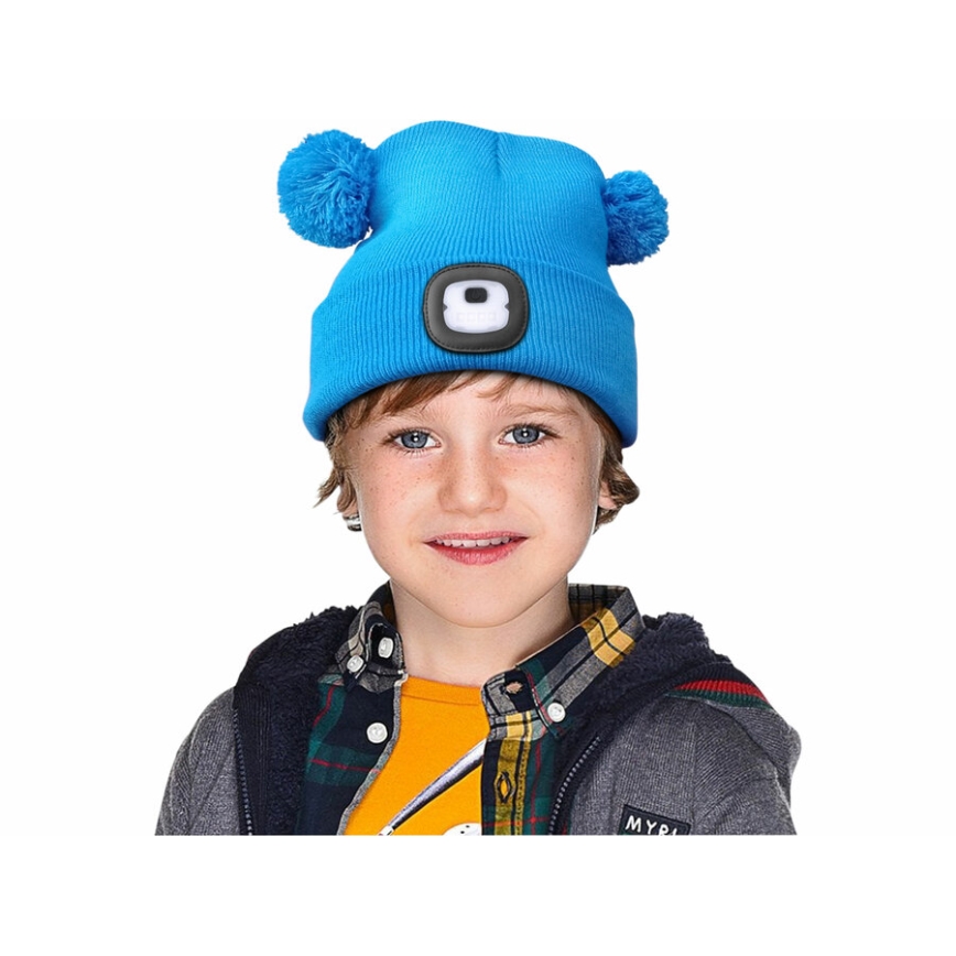 Extol - Gorro con luz frontal y carga por USB, batería recargable de 250 mAh, azul con pompones, talla infantil