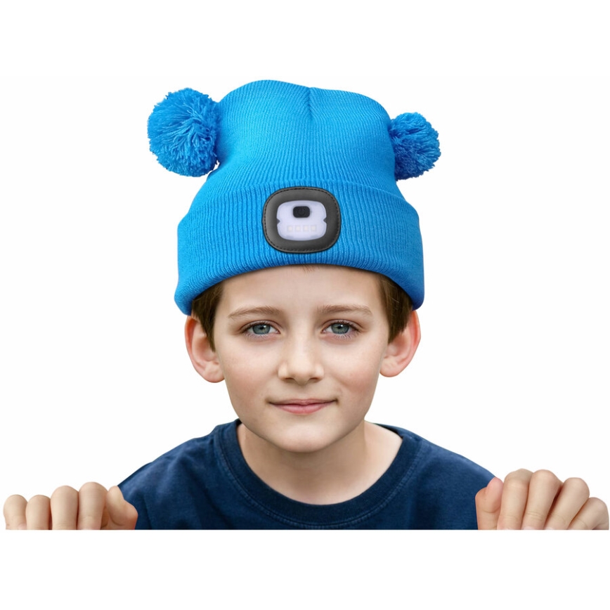 Extol - Gorro con luz frontal y carga por USB, batería recargable de 250 mAh, azul con pompones, talla infantil