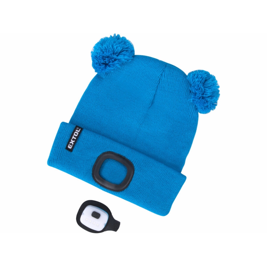 Extol - Gorro con luz frontal y carga por USB, batería recargable de 250 mAh, azul con pompones, talla infantil