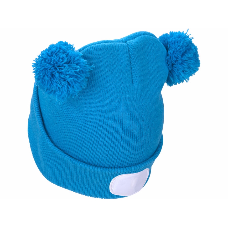 Extol - Gorro con luz frontal y carga por USB, batería recargable de 250 mAh, azul con pompones, talla infantil