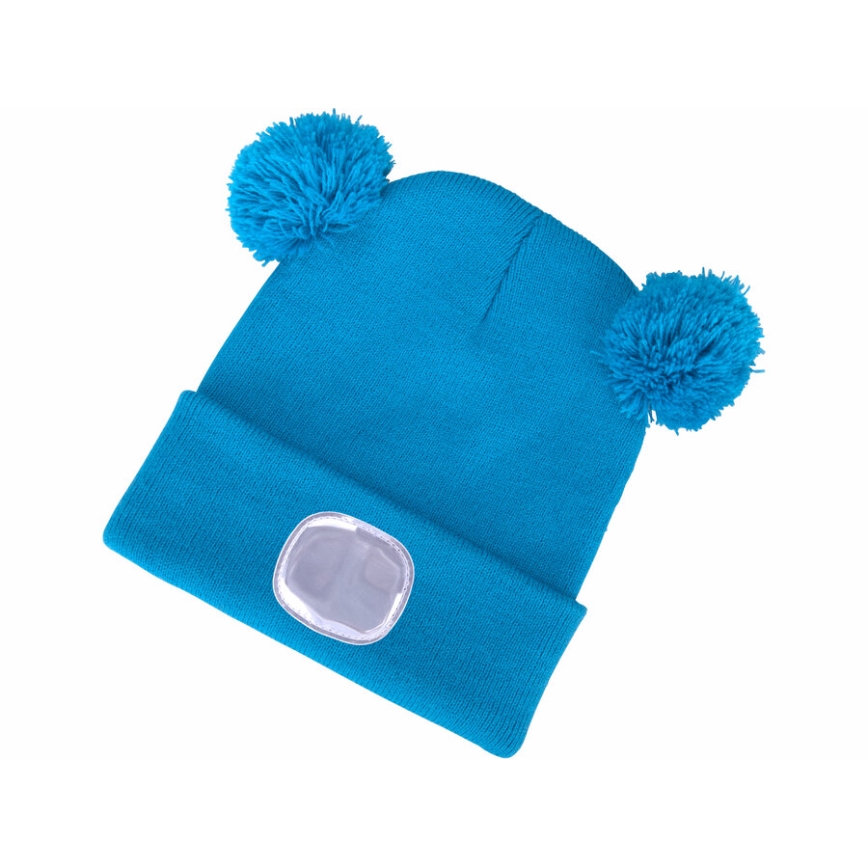 Extol - Gorro con luz frontal y carga por USB, batería recargable de 250 mAh, azul con pompones, talla infantil