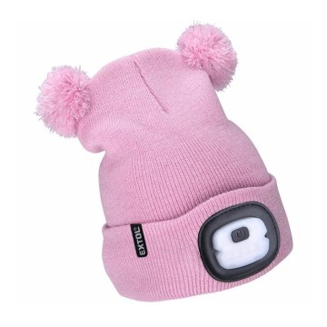 Extol - Gorro infantil con luz frontal recargable por USB (batería 250 mAh), rosa con pompones
