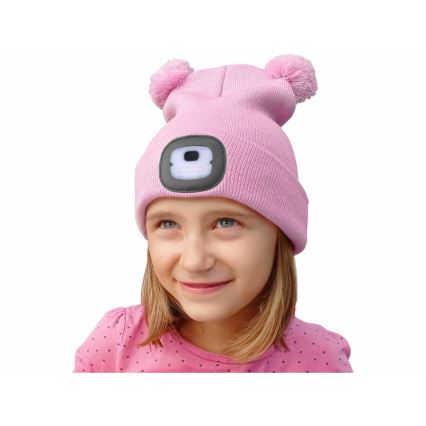 Extol - Gorro infantil con luz frontal recargable por USB (batería 250 mAh), rosa con pompones