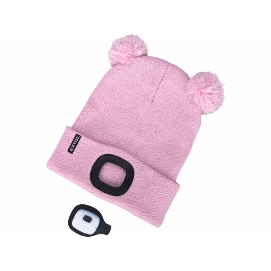 Extol - Gorro infantil con luz frontal recargable por USB (batería 250 mAh), rosa con pompones