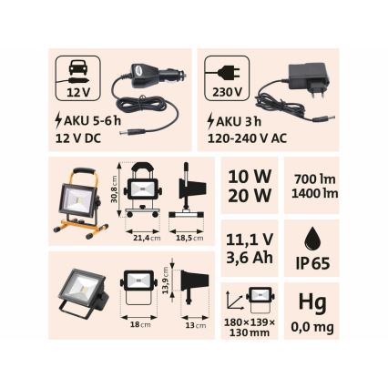 Extol - Reflector recargable LED LED/20W/3600 mAh/11,1V IP65