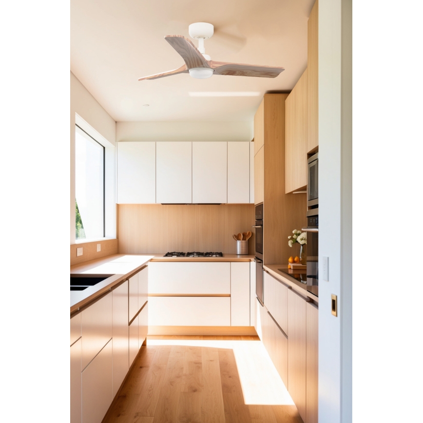 FARO 33805WT-1TW - Ventilador de techo LED regulable HEYWOOD S LED/10W/230V 2700/4000/6000K madera/blanco Ø 90 cm Wi-Fi Tuya + mando a distancia