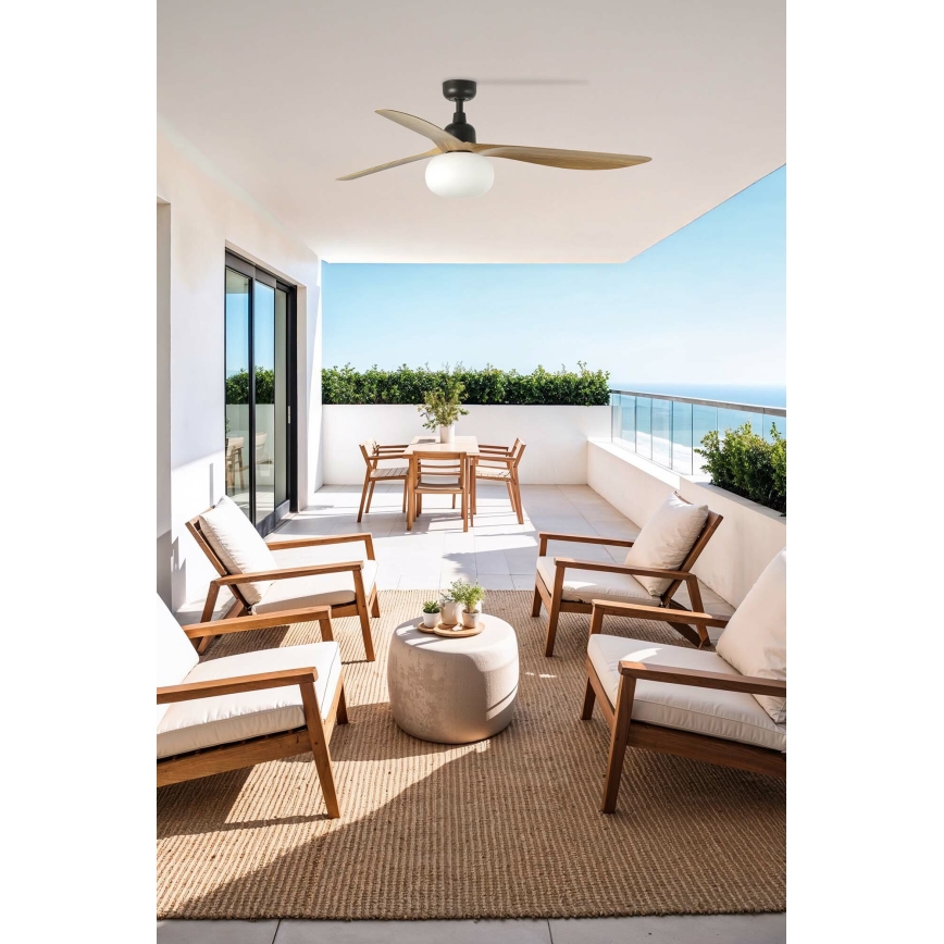 FARO 34360WT-11L - Ventilador de techo OUTWOOD L 1xE27/15W/230V marrón/negro diá. 150 cm Wi-Fi Tuya IP44 + control remoto