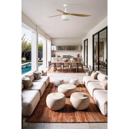 FARO 34361WT-11L - Ventilador de techo OUTWOOD L 1xE27/15W/230V marrón/blanco diámetro 150 cm Wi-Fi Tuya IP44 + mando a distancia