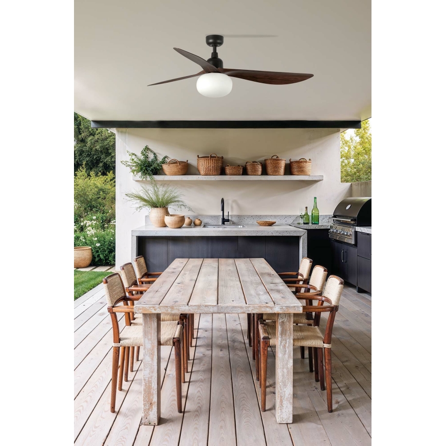 FARO 34362WT-11L - Ventilador de techo OUTWOOD L 1xE27/15W/230V marrón/negro diá. 150 cm Wi-Fi Tuya IP44 + control remoto