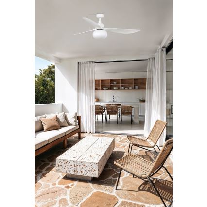 FARO 34363WT-11L - Ventilador de techo OUTWOOD L 1xE27/15W/230V blanco diámetro 150 cm Wi-Fi Tuya IP44 + mando a distancia