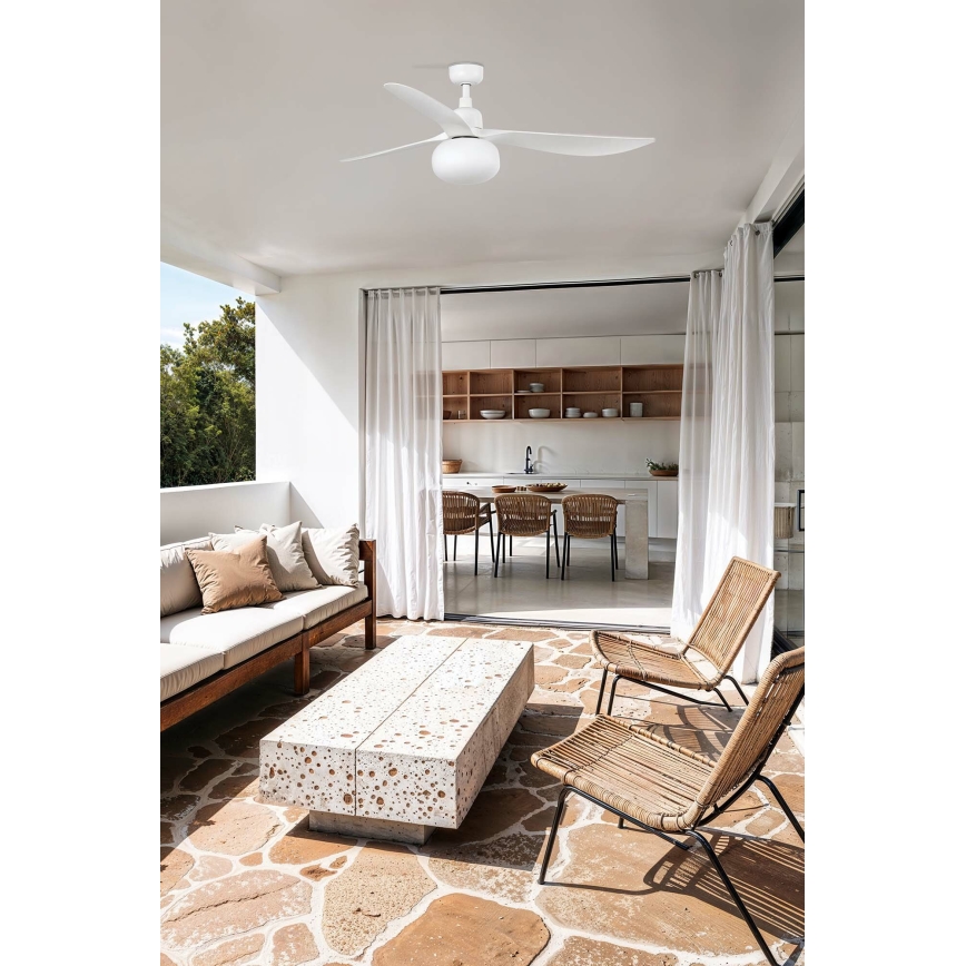 FARO 34363WT-11L - Ventilador de techo OUTWOOD L 1xE27/15W/230V blanco diámetro 150 cm Wi-Fi Tuya IP44 + mando a distancia