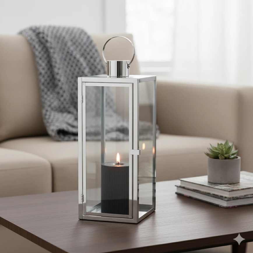 Farol decorativo TOWER, 29 cm, acabado cromado brillante