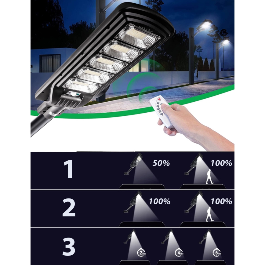LED Farola solar regulable con sensor LED/300W/6V 16500 mAh 6500K IP65 negro + control remoto