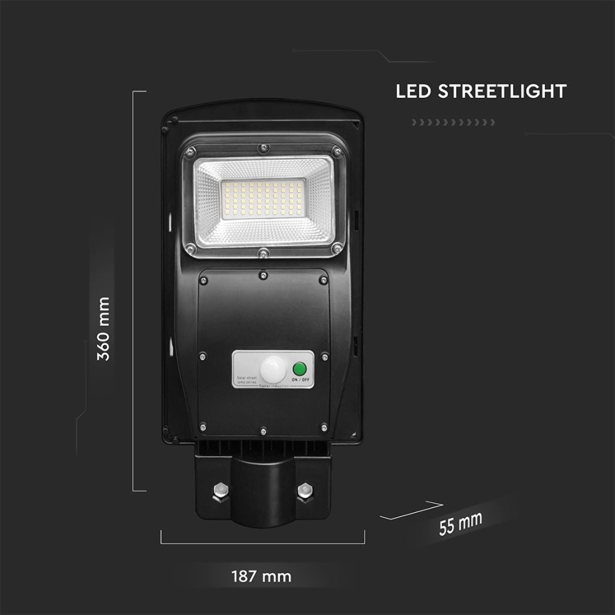 Farola solar LED regulable con sensor de movimiento y crepuscular LED/6W/3,2V 6000K IP65 5000 mAh negro + mando a distancia
