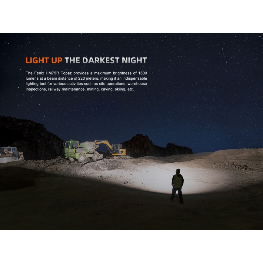 Fenix HM75RTOPAZ - Linterna frontal LED recargable regulable LED/USB IP68 1600 lúmenes 210 h 4000 mAh