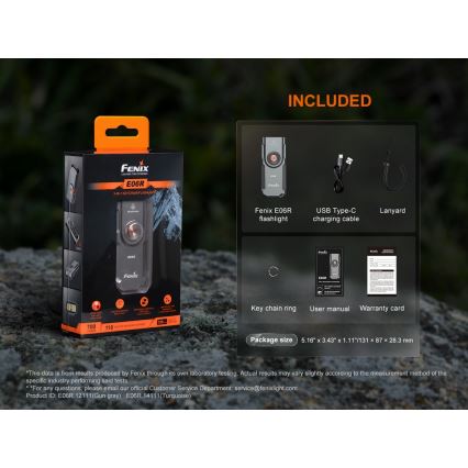 Fenix ​​E06RGRY - Linterna LED recargable y regulable UV LED/USB IP66 700 lúmenes 60 h 750 mAh gris