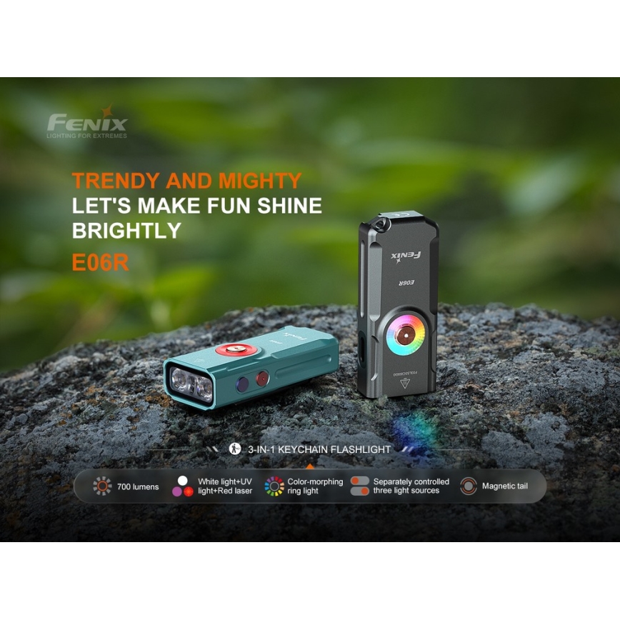 Fenix ​​E06RTKS - Linterna LED recargable y regulable UV LED/USB IP66 700 lm 60 h 750 mAh turquesa