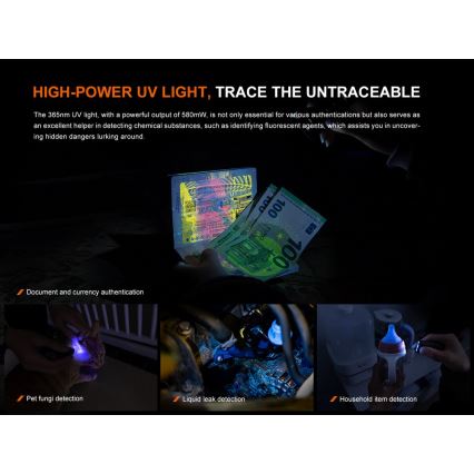 Fenix ​​E06RTKS - Linterna LED recargable y regulable UV LED/USB IP66 700 lm 60 h 750 mAh turquesa