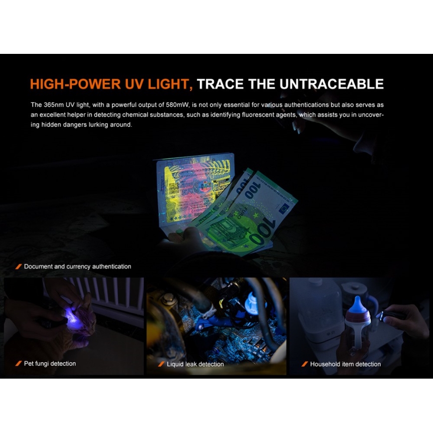 Fenix ​​E06RTKS - Linterna LED recargable y regulable UV LED/USB IP66 700 lm 60 h 750 mAh turquesa