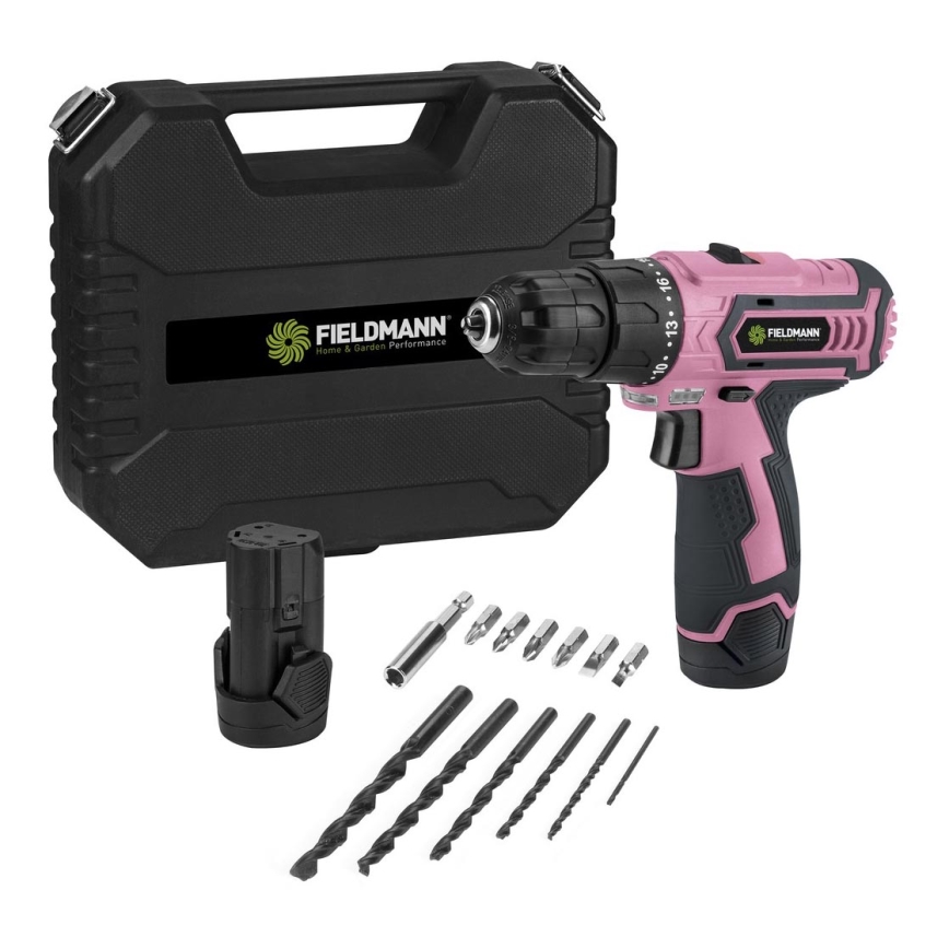 Fieldmann - Taladro sin cable con accesorios 12V 1300 mAh rosa/negro