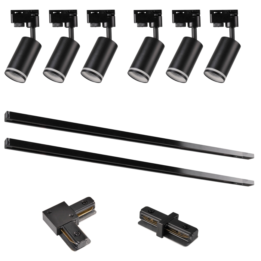 Foco para sistema de rieles PARIS 6xGU10/10W/230V + 2x1 m sistema de rieles negro