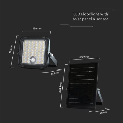 Foco solar LED regulable con sensor LED/10W/3,7V 4000/6000K IP65 3600 mAh + mando a distancia