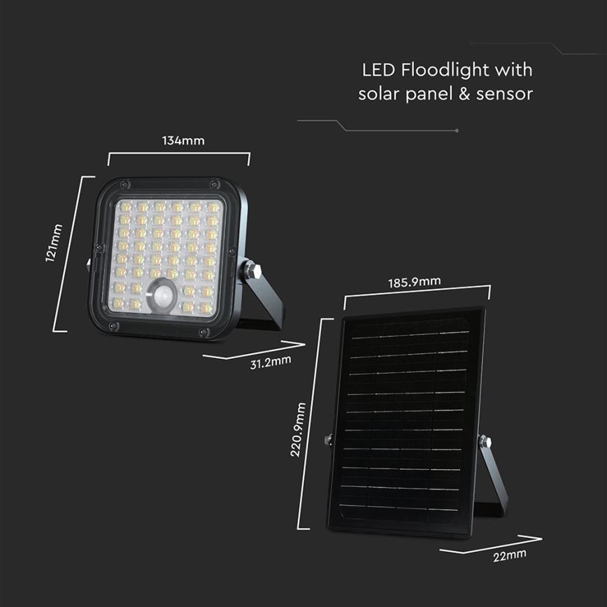 Foco solar LED regulable con sensor LED/10W/3,7V 4000/6000K IP65 3600 mAh + mando a distancia
