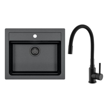 Fregadero ALVEUS SETA23228 ATROX 59x50 cm + Grifo con caño flexible MINTAS 34 cm granito/mate negro