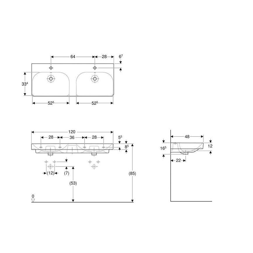Geberit 500.223.01.1 - Lavabo doble mural Smyle Square 120x48 cm cerámica/blanco