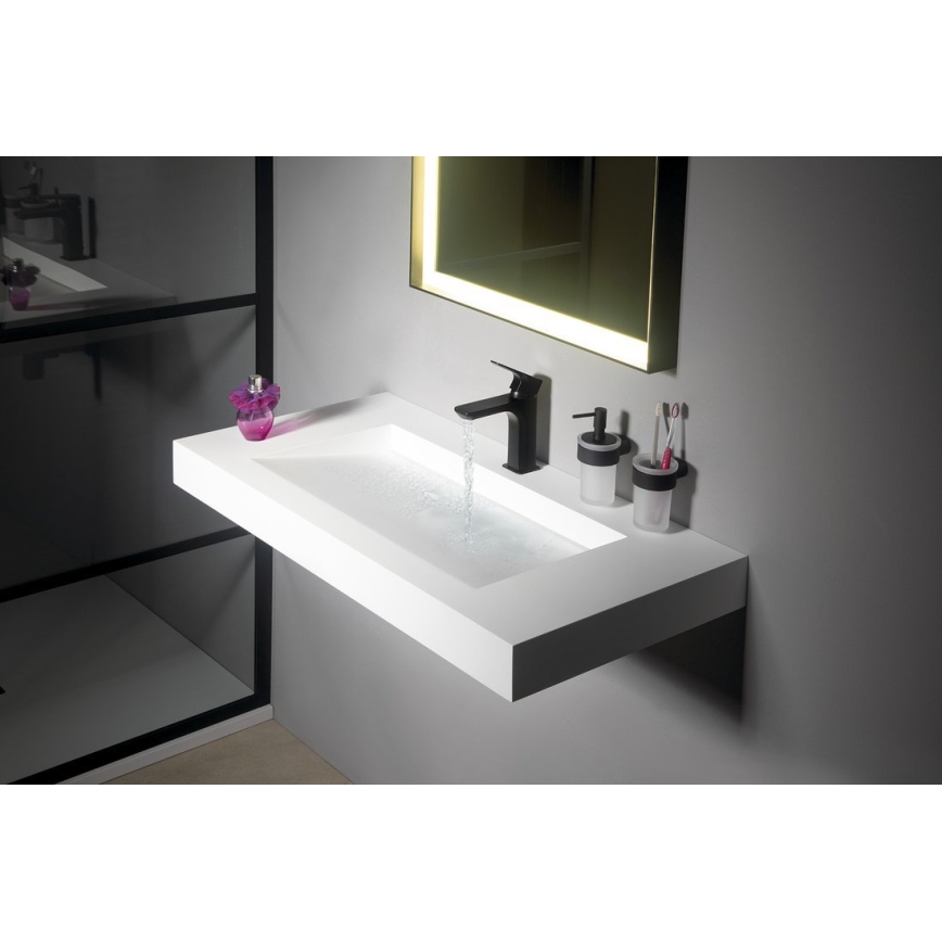 Gedy - Dispensador de jabón mural PIRENEI 110 ml, cristal opalino/negro mate