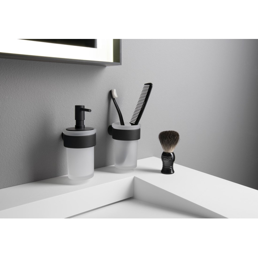 Gedy - Dispensador de jabón mural PIRENEI 110 ml, cristal opalino/negro mate