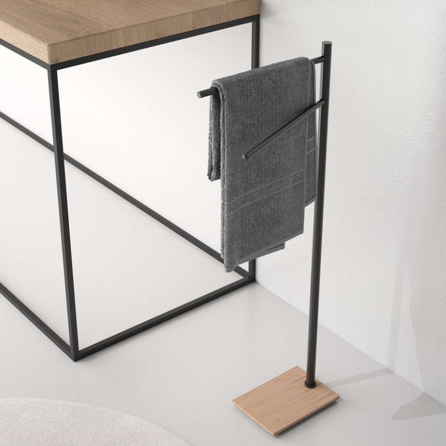 Gedy - Toallero de pie TRILLY 83,5 cm negro mate/bambú