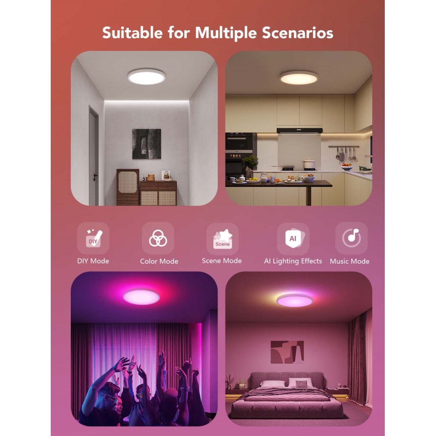 Govee - Luminaria de techo LED RGBICWW regulable, 29W/230V, Ø 30 cm, acabado mate, con Wi‑Fi