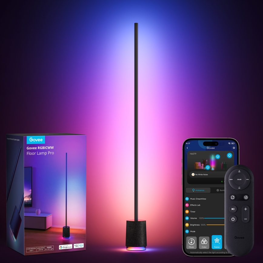 Govee - Lámpara LED de pie con altavoz Pro RGBICWW 2200-6500K Wi-Fi + control remoto