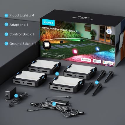 Govee - Set de 4 reflectores LED RGBICWW regulables LED/24W/230V IP66 acabado mate Wi‑Fi