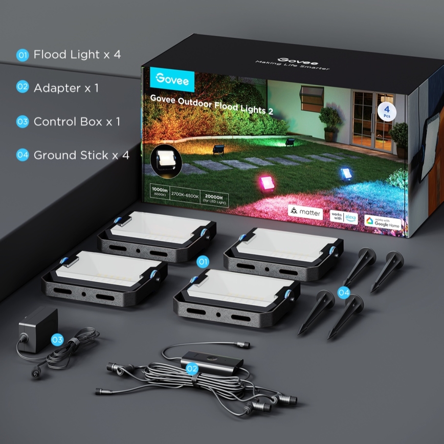 Govee - Set de 4 reflectores LED RGBICWW regulables LED/24W/230V IP66 acabado mate Wi‑Fi