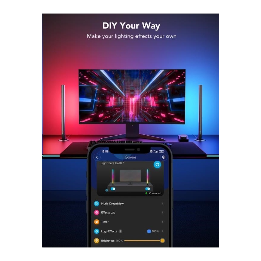 Govee - SET 2x Smart Gaming Wi-Fi LED RGBIC Panely + Smart Dual + control remoto