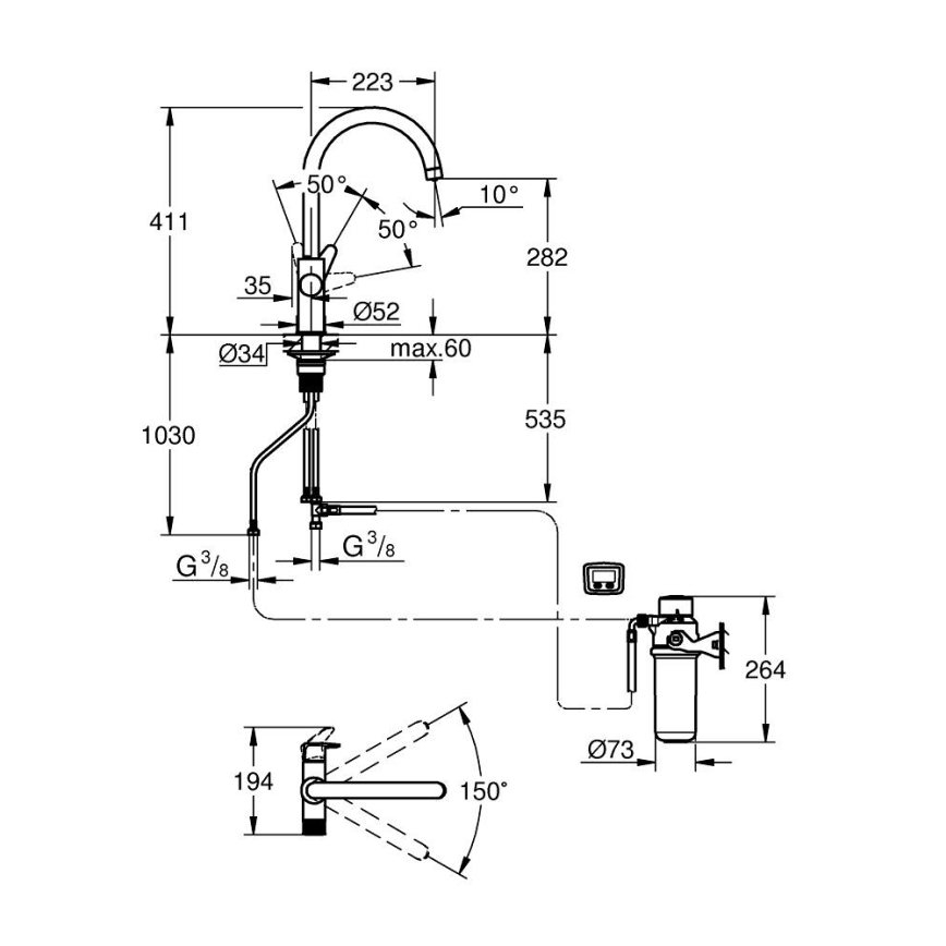GROHE 30593000 - Grifo para fregadero BLUE PURE con caño en C, acabado cromado brillante
