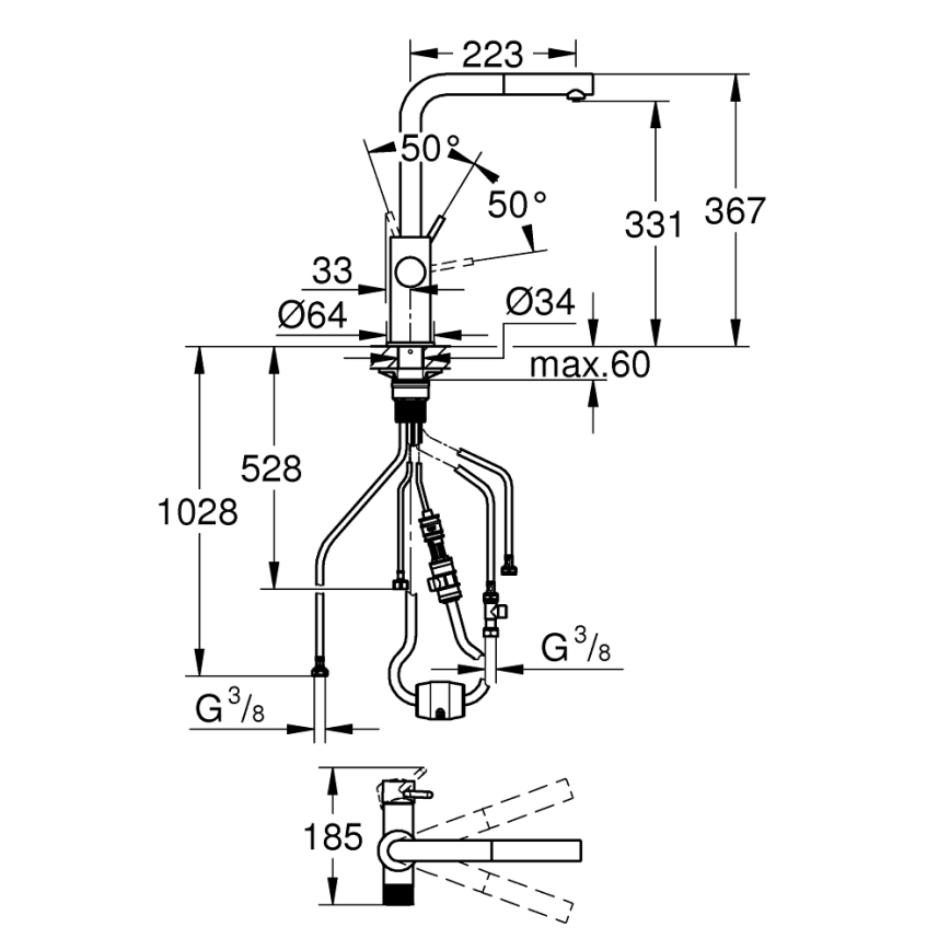 GROHE 30601DC0 - Grifo para fregadero BLUE PURE con caño extraíble, acero inoxidable