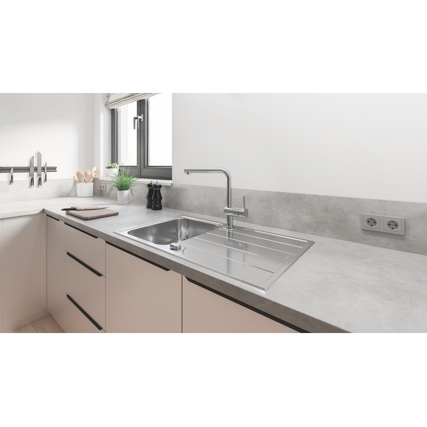 GROHE 31573SD1 - Juego de fregadero de cocina K500 con escurridor integrado y grifo A, 86×50 cm, acero inoxidable