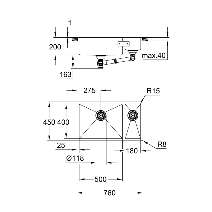 GROHE 31575SD1 - Fregadero de cocina K700U 760 × 450 mm de acero inoxidable